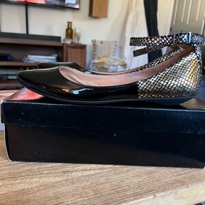 BCBG Paris Black and Gold-Tone Flats with Ankle Strap